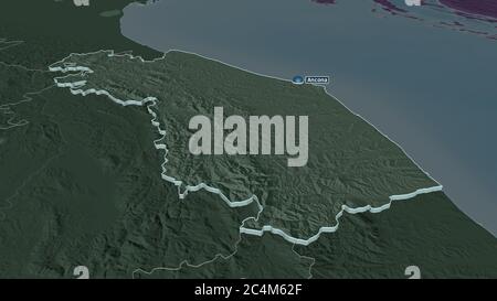 Ingrandisci Marche (regione Italia) estrusi. Prospettiva obliqua. Mappa colorata e bombata della divisione amministrativa con acque superficiali. rendering 3D Foto Stock