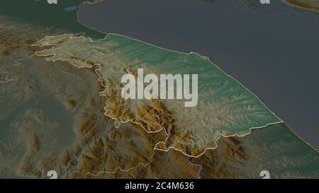 Ingrandisci Marche (regione Italia) delineato. Prospettiva obliqua. Mappa topografica dei rilievi con acque superficiali. Rendering 3D Foto Stock