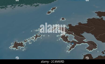 Ingrandisci Nagasaki (prefettura del Giappone) estruso. Prospettiva obliqua. Mappa colorata e bombata della divisione amministrativa con acque superficiali. 3D Foto Stock