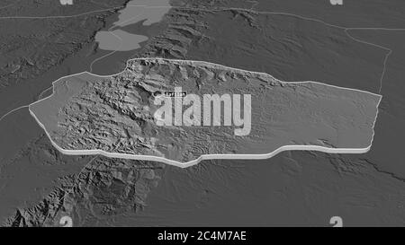 Ingrandisci Tafilah (provincia di Giordania) estruso. Prospettiva obliqua. Mappa di elevazione bilivello con acque di superficie. Rendering 3D Foto Stock