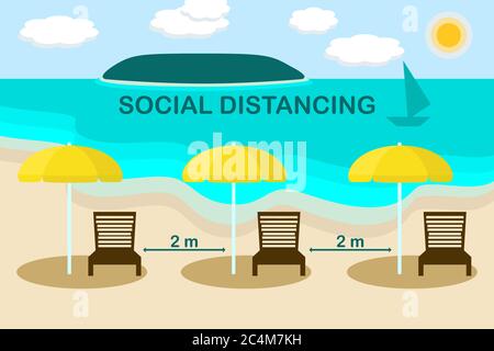 Social distancing icon.Keep distanza di sicurezza 2 m sedia e ombrello sulla spiaggia dopo blocco a causa di corona virus covid. Nuovo concetto normale.simbolo lettino solare Illustrazione Vettoriale