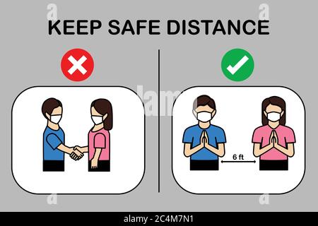 Namaste mantenere distance.People per proteggere dal virus corona Concept.Man e donna indossare una maschera chirurgica protettiva medica per prevenire corona virus.SA Illustrazione Vettoriale