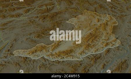 Zoom in Oudômxai (provincia del Laos) delineato. Prospettiva obliqua. Mappa topografica dei rilievi con acque superficiali. Rendering 3D Foto Stock