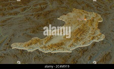 Zoom avanti su Oudômxai (provincia del Laos) estruso. Prospettiva obliqua. Mappa topografica dei rilievi con acque superficiali. Rendering 3D Foto Stock