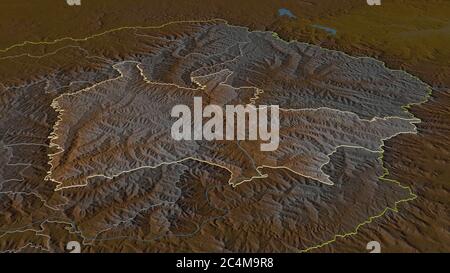 Ingrandisci Thaba-Tseka (distretto del Lesotho) delineato. Prospettiva obliqua. Mappa topografica dei rilievi con acque superficiali. Rendering 3D Foto Stock