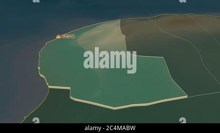 Ingrandisci Bengasi (distretto della Libia) estruso. Prospettiva obliqua. Mappa topografica dei rilievi con acque superficiali. Rendering 3D Foto Stock