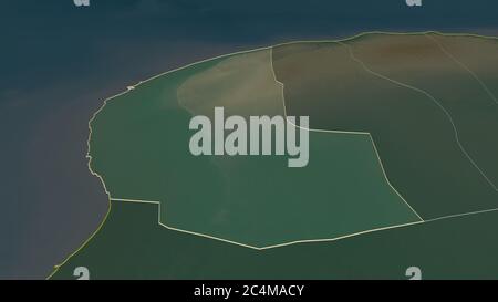 Ingrandisci Bengasi (distretto della Libia) delineato. Prospettiva obliqua. Mappa topografica dei rilievi con acque superficiali. Rendering 3D Foto Stock