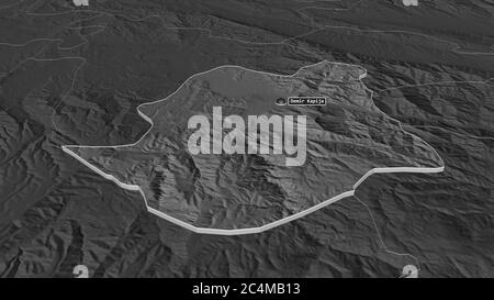 Ingrandisci Demir Kapija (comune di Macedonia) estruso. Prospettiva obliqua. Mappa di elevazione bilivello con acque di superficie. Rendering 3D Foto Stock