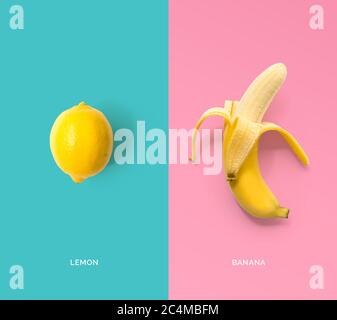 Layout creativo fatto di limone e banana. Disposizione piatta. Concetto di cibo. Foto Stock