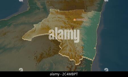 Ingrandisci la regione di Fianarantsoa (provincia autonoma del Madagascar) estrusa. Prospettiva obliqua. Mappa topografica dei rilievi con acque superficiali. Rendering 3D Foto Stock