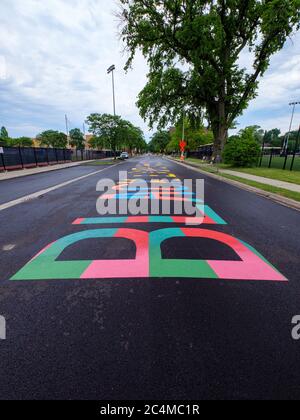 Black Lives Matter Street murale dipinto sul pavimento. Soville Street a sud di Lake Street, Oak Park, Illinois. Foto Stock