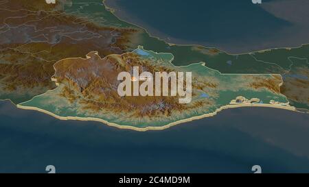 Zoom avanti su Oaxaca (stato del Messico) estruso. Prospettiva obliqua. Mappa topografica dei rilievi con acque superficiali. Rendering 3D Foto Stock