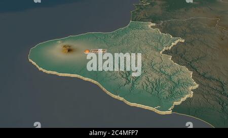 Ingrandisci Taranaki (consiglio regionale della Nuova Zelanda) estruso. Prospettiva obliqua. Mappa topografica dei rilievi con acque superficiali. Rendering 3D Foto Stock
