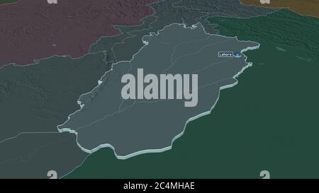 Ingrandisci il Punjab (provincia del Pakistan) estruso. Prospettiva obliqua. Mappa colorata e bombata della divisione amministrativa con acque superficiali. 3D Foto Stock