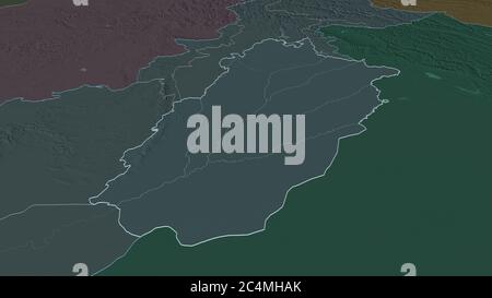 Ingrandisci Punjab (provincia del Pakistan) delineato. Prospettiva obliqua. Mappa colorata e bombata della divisione amministrativa con acque superficiali. 3D Foto Stock