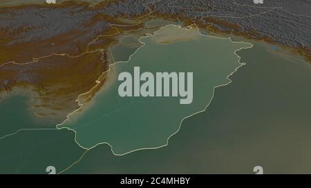 Ingrandisci Punjab (provincia del Pakistan) delineato. Prospettiva obliqua. Mappa topografica dei rilievi con acque superficiali. Rendering 3D Foto Stock