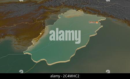 Ingrandisci il Punjab (provincia del Pakistan) estruso. Prospettiva obliqua. Mappa topografica dei rilievi con acque superficiali. Rendering 3D Foto Stock