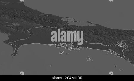 Ingrandisci Chiriquí (provincia di Panama) delineato. Prospettiva obliqua. Mappa di elevazione bilivello con acque di superficie. Rendering 3D Foto Stock