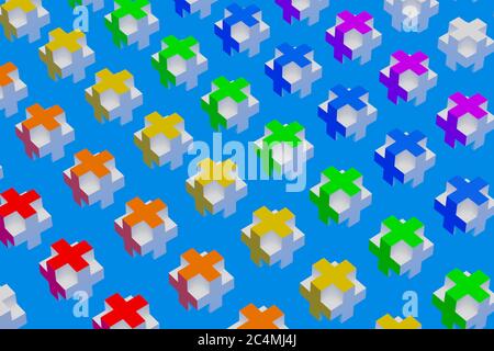 Schema di rappresentazione 3D di grandi croci volumetriche di arcobaleno su sfondo blu isolato. Semplici trame geometriche e forme Foto Stock