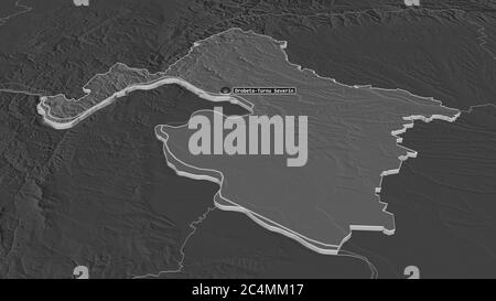 Zoom avanti su Mehedinți (contea di Romania) estruso. Prospettiva obliqua. Mappa di elevazione bilivello con acque di superficie. Rendering 3D Foto Stock