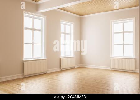 Camera con soffitto in legno lineare e pavimenti in legno dettaglio 3D rendering Foto Stock