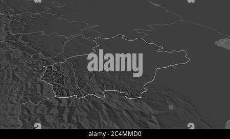 Zoom in su Cecenia (repubblica di Russia) delineato. Prospettiva obliqua. Mappa di elevazione bilivello con acque di superficie. Rendering 3D Foto Stock