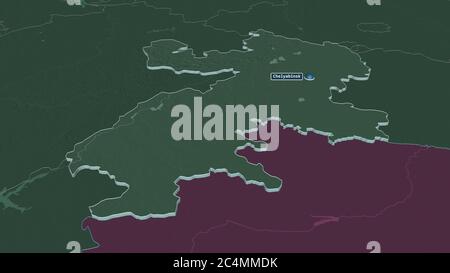 Ingrandisci Chelyabinsk (regione della Russia) estruso. Prospettiva obliqua. Mappa colorata e bombata della divisione amministrativa con acque superficiali. 3D Foto Stock