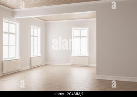 Camera con soffitto in legno lineare e pavimenti in legno dettaglio 3D rendering Foto Stock