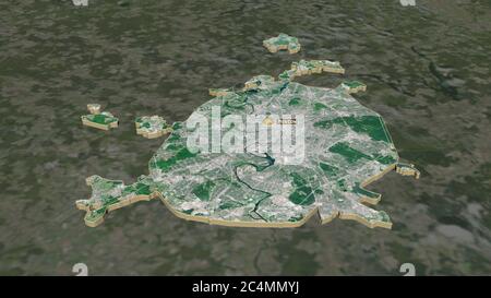 Ingrandisci la città di Mosca (città della Russia) estrusa. Prospettiva obliqua. Immagini satellitari. Rendering 3D Foto Stock