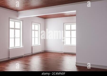 Camera con soffitto in legno lineare e pavimenti in legno dettaglio 3D rendering Foto Stock