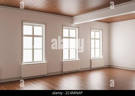 Camera con soffitto in legno lineare e pavimenti in legno dettaglio 3D rendering Foto Stock