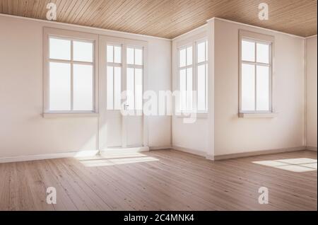 Camera con soffitto in legno lineare e pavimenti in legno dettaglio 3D rendering Foto Stock