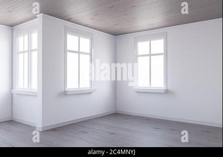 Camera con soffitto in legno lineare e pavimenti in legno dettaglio 3D rendering Foto Stock