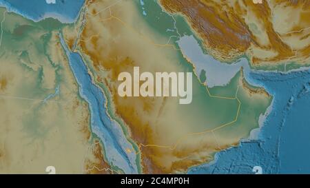 Forma delineata dell'area dell'Arabia Saudita. Mappa topografica dei rilievi con acque superficiali. Rendering 3D Foto Stock