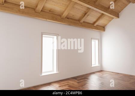 Camera con soffitto in legno lineare e pavimenti in legno dettaglio 3D rendering Foto Stock