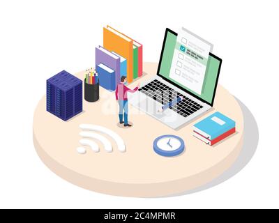 Studente universitario della scuola superiore partecipa all'esame online utilizzando il laptop risposta domanda lezione quiz tempo limitato con isometria 3d piatto stile cartoon ve Foto Stock