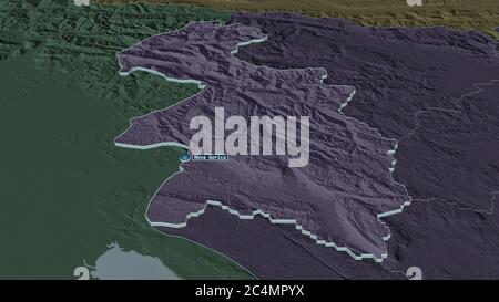 Zoom avanti su Goriška (regione statistica della Slovenia) estrusa. Prospettiva obliqua. Mappa colorata e bombata della divisione amministrativa con superficie Foto Stock