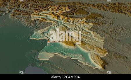 Zoom avanti su Goriška (regione statistica della Slovenia) estrusa. Prospettiva obliqua. Mappa topografica dei rilievi con acque superficiali. Rendering 3D Foto Stock