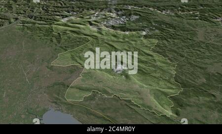 Zoom in Goriška (regione statistica della Slovenia) delineato. Prospettiva obliqua. Immagini satellitari. Rendering 3D Foto Stock