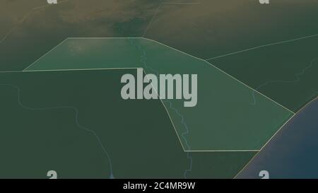 Ingrandisci la Jubada Dhexe (regione Somalia) delineata. Prospettiva obliqua. Mappa topografica dei rilievi con acque superficiali. Rendering 3D Foto Stock