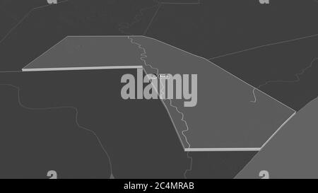 Ingrandisci la cartina di Jubada Dhexe (regione della Somalia) estruso. Prospettiva obliqua. Mappa di elevazione bilivello con acque di superficie. Rendering 3D Foto Stock