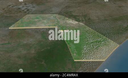 Ingrandisci la cartina di Jubada Dhexe (regione della Somalia) estruso. Prospettiva obliqua. Immagini satellitari. Rendering 3D Foto Stock