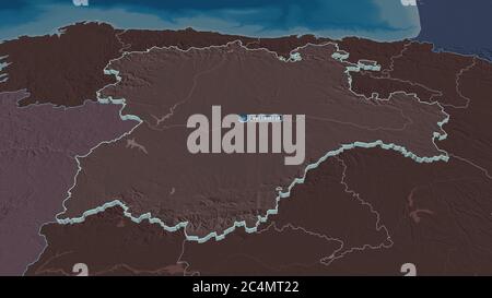 Ingrandisci Castilla y León (comunità autonoma di Spagna) estruso. Prospettiva obliqua. Mappa colorata e bombata della divisione amministrativa con s. Foto Stock