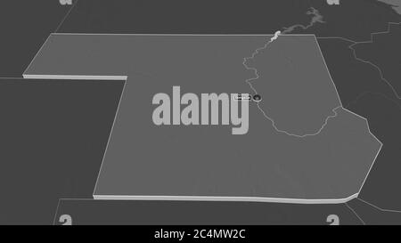 Zoom in su estrusi nord (stato del Sudan). Prospettiva obliqua. Mappa di elevazione bilivello con acque di superficie. Rendering 3D Foto Stock
