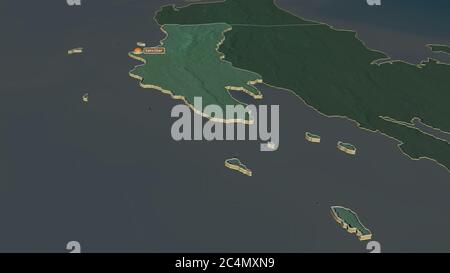 Ingrandisci Zanzibar ovest (regione della Tanzania) estruso. Prospettiva obliqua. Mappa topografica dei rilievi con acque superficiali. Rendering 3D Foto Stock