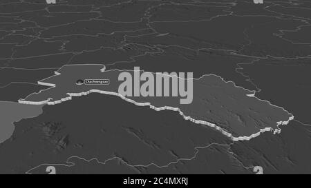 Ingrandisci Chachoengsao (provincia della Thailandia) estruso. Prospettiva obliqua. Mappa di elevazione bilivello con acque di superficie. Rendering 3D Foto Stock