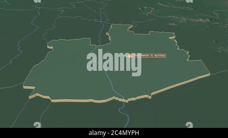 Ingrandisci Phra Nakhon si Ayutthaya (provincia della Thailandia) estruso. Prospettiva obliqua. Mappa topografica dei rilievi con acque superficiali. Rendering 3D Foto Stock