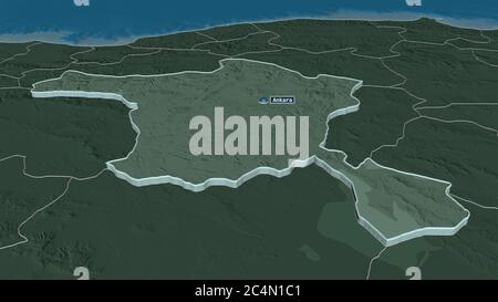 Ingrandisci Ankara (provincia di Turchia) estruso. Prospettiva obliqua. Mappa colorata e bombata della divisione amministrativa con acque superficiali. Re 3D Foto Stock