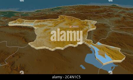 Ingrandisci Ankara (provincia di Turchia) estruso. Prospettiva obliqua. Mappa topografica dei rilievi con acque superficiali. Rendering 3D Foto Stock