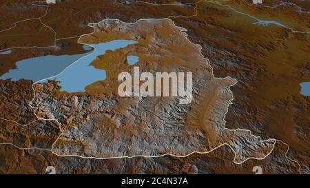 Ingrandisci Van (provincia della Turchia) delineato. Prospettiva obliqua. Mappa topografica dei rilievi con acque superficiali. Rendering 3D Foto Stock